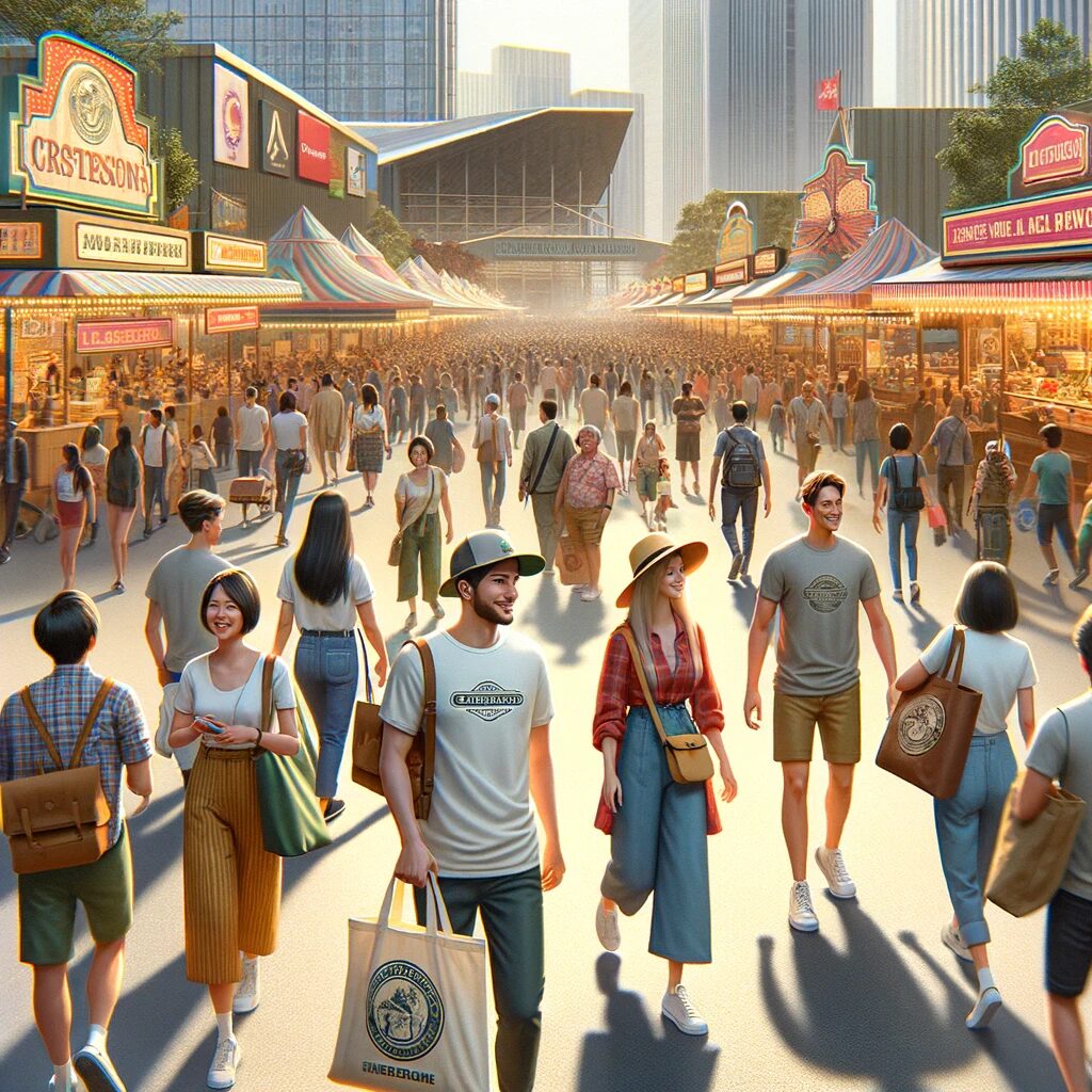 A realistic image of a bustling fair with people walking around. Some people are carrying tote bags with a prominent logo, others are wearing t-shirts