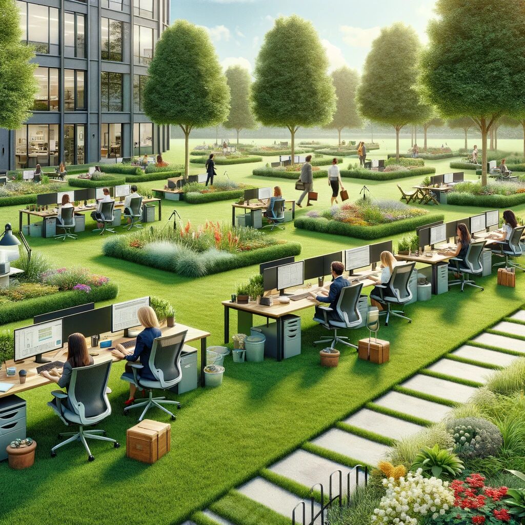 An-office-setting-subtly-blended-into-a-park-environment.-The-scene-shows-employees-at-desks-but-instead-of-an-open-field-they-are-surrounded-by-nature