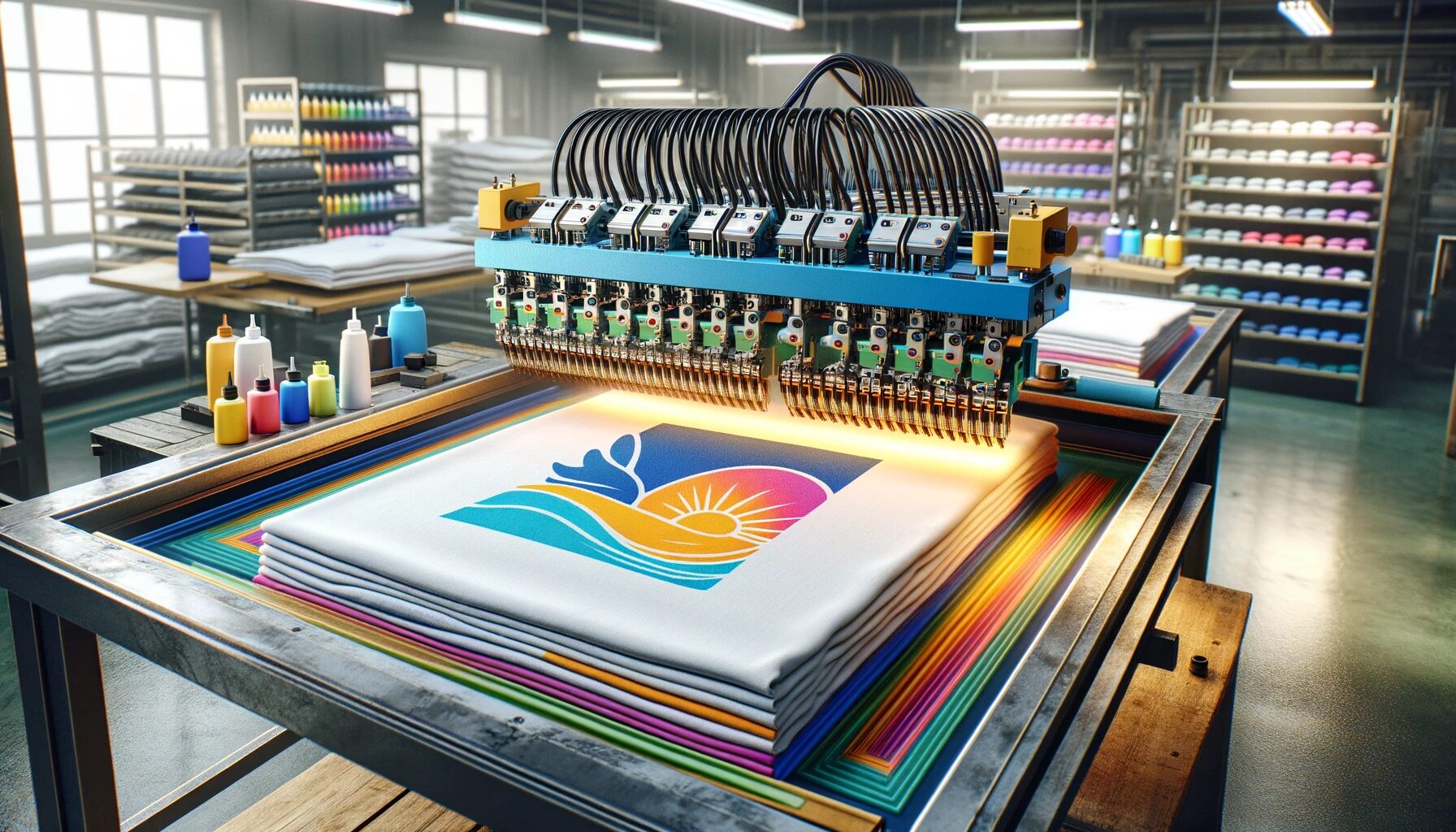 A-realistic-image-of-a-screen-printing-press-in-action-printing-logos-on-t-shirts.-The-scene-is-set-in-a-well-lit-industrial-workshop.-The-machine-h